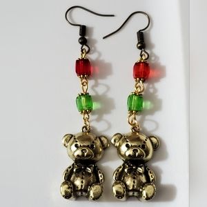 Vintage Style teddy bear earrings Christmas crystals handmade 3D gold gift